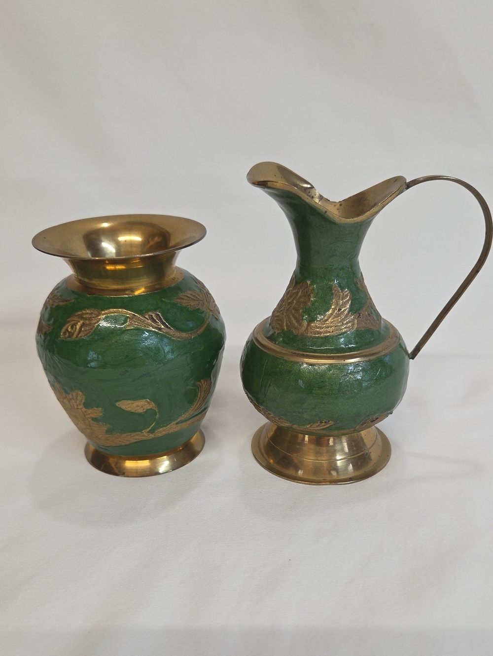 Indian Brass W/ Green Enamel Vase & Ewer